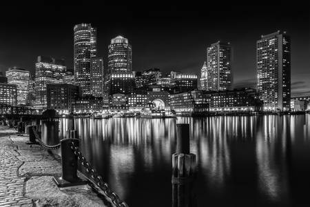 BOSTON Fan Pier Park & Skyline at Night | monochrome