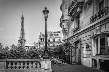Street scene with Parisian charm | Eiffel Tower Monochrome