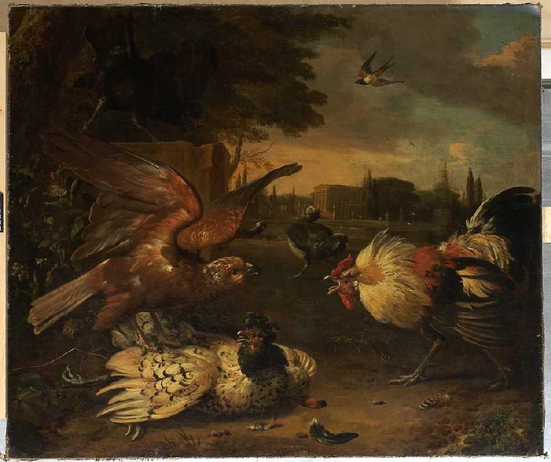 Ein Hahn verteidigt eine von einem Falken geschlagene Henne. à Melchior de Hondecoeter