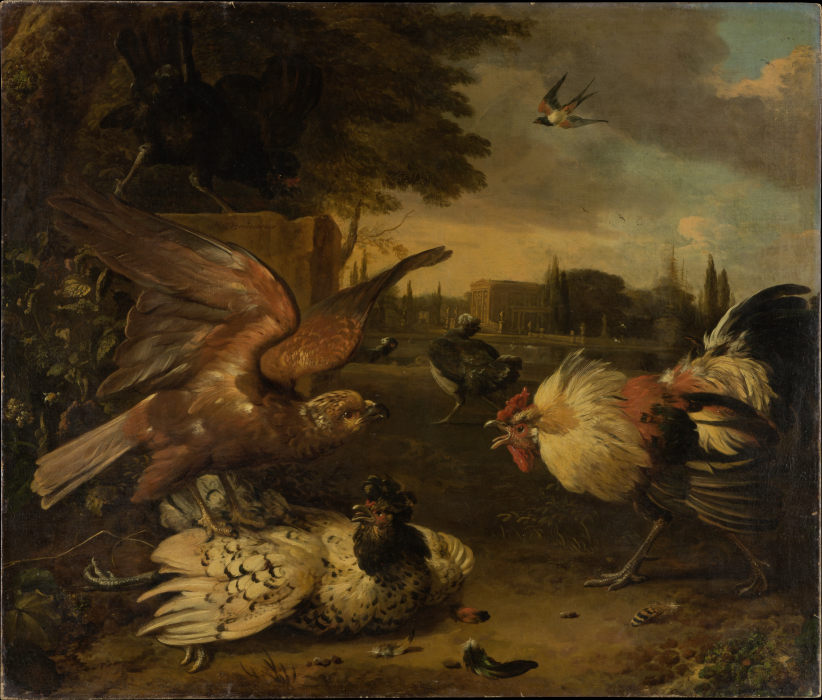 A Cock Defends a Hen from an Attacking Bird of Prey à Melchior de Hondecoeter