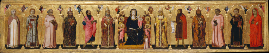 Madonna and Child Enthroned with Angels,Twelve Saints, Prophets,  and the Donor à Meo da Siena