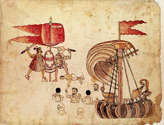 A Tlaxcalan warrior, an ally of Cortes, pulling him from a canal à École mexicaine