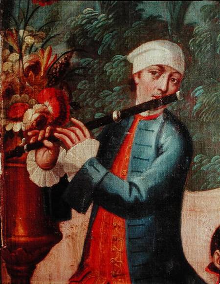 A Flautist, detail from a screen à École mexicaine