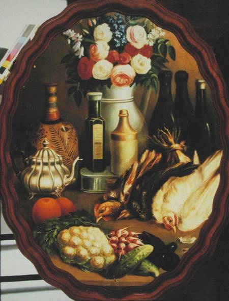 Oval Still Life with Hen, Vegetables and Vase à École mexicaine