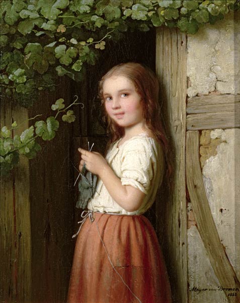 Young Girl Standing in a Doorway Knitting à Meyer von Bremen
