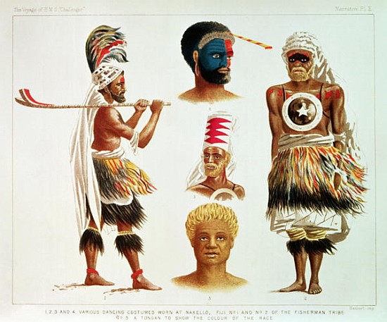 Various Dancing Costumes Worn at Nakello, Fiji, illustration from ''The Voyage of H.M.S. Challenger' à Michael Hanhart
