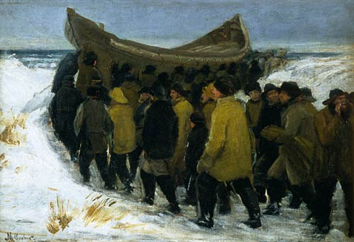 Des pêcheurs danois apportent leur bateau à l'eau en hiver à Michael Peter Ancher
