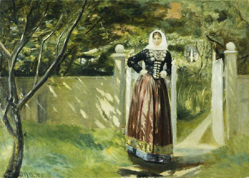 À femme en costume danois à la barrière de jardin à Michael Peter Ancher