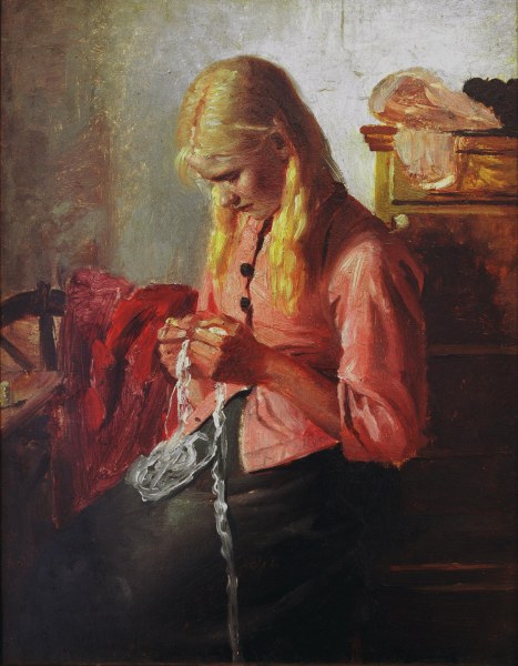 Young girl crocheting à Michael Peter Ancher