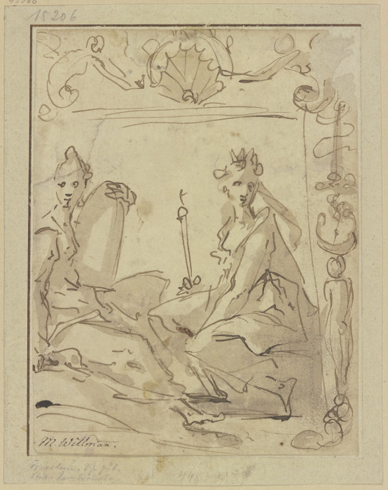 Zwei weibliche Figuren unter einer Muscheldekoration à Michael Willmann