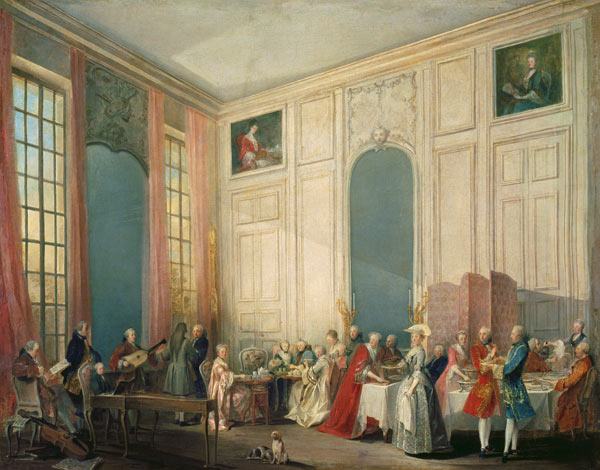 Mozart Giving A Concert In The Salon des Quatre-Glaces at the Palais du Temple In The Court Of The P à Michel Barthélemy Ollivier