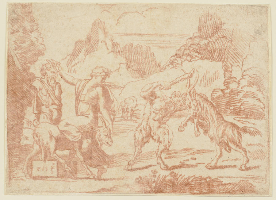 Bacchantin, an einer Panherme rückwärts auf einer Ziege sitzend, und ein Satyr, der mit einem Bock k à Michel Corneille le Jeune