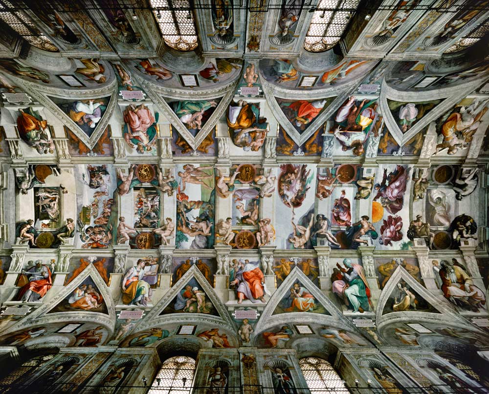 Decke der Sixtinischen Kapelle, Gesamtansicht. 1508-1512. Zustand nach der Restaurierung. à Michelangelo Buonarroti