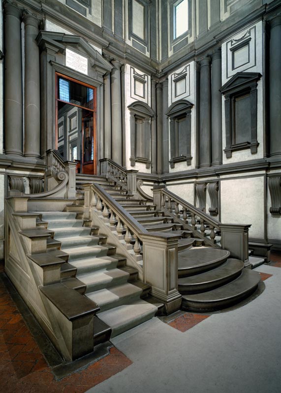 Staircase in the entrance hall of the Laurentian Library, completed by Bartolomeo Ammannati (1511-92 à Michelangelo Buonarroti