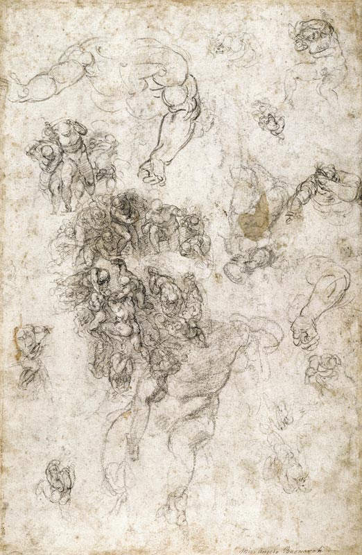 Study of figures for ''The Last Judgement'' with artist''s signature, 1536-41 à Michelangelo Buonarroti