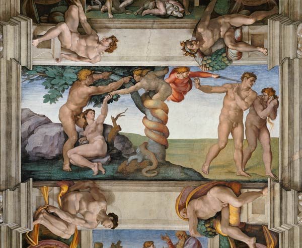 péché et expulsion du paradis. Peinture de la chapelle Sixtine à Rome à Michelangelo Buonarroti