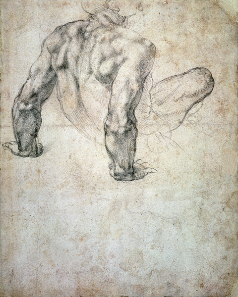 W.63r Study of a male nude, leaning back on his hands cil on à Michelangelo Buonarroti
