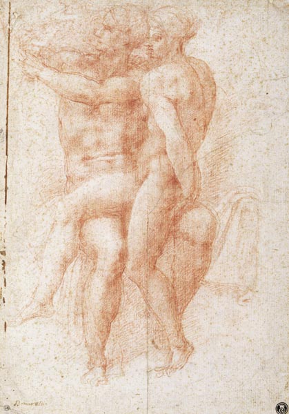 Nude female seated on the knees of a seated male nude: Adam and Eve à Michelangelo Buonarroti
