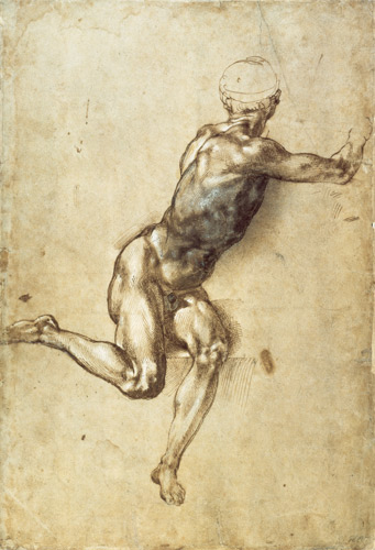 Figure Study for Battle of Cascina, 1504 (pen, brush, brown and grey à Michelangelo Buonarroti