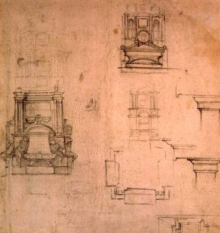 Inv. 1859 6-25-545. R. (W. 25) Designs for tombs (red chalk) à Michelangelo Buonarroti