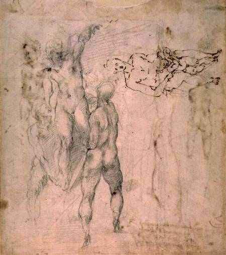 Male group and seated figure with child (pen & ink à Michelangelo Buonarroti