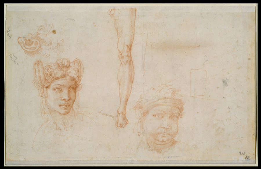 Ear and Two Eyes, Woman’s Head with Plaited Hair, Leg Study, Head with Bandage, Scheme of the Pyrami à Michelangelo Buonarroti