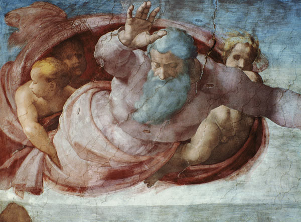 Sistine Chapel: God Dividing the Waters and Earth (pre restoration) (detail) à Michelangelo Buonarroti