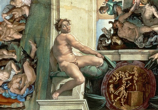 Sistine Chapel Ceiling (1508-12) detail of one of the ignudi (detail of 167695) à Michelangelo Buonarroti