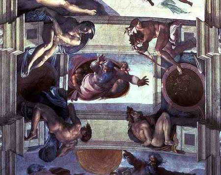 Sistine Chapel Ceiling: God Separating the Land from the Sea, with four Ignudi à Michelangelo Buonarroti