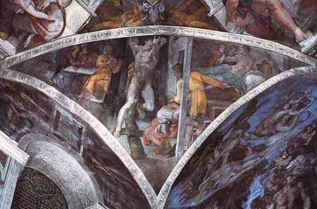 Sistine Chapel Ceiling: Haman (spandrel) (pre restoration) à Michelangelo Buonarroti