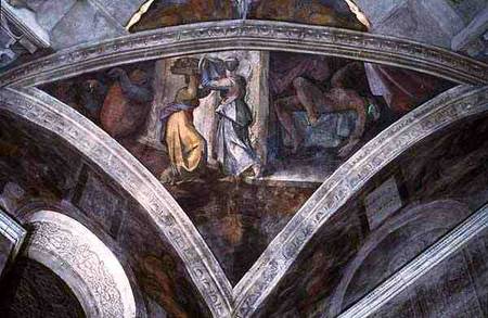 Sistine Chapel Ceiling: Judith Carrying the Head of Holofernes (spandrel) (pre restoration) à Michelangelo Buonarroti