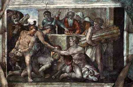 Sistine Chapel Ceiling: Noah After the Flood (pre restoration) à Michelangelo Buonarroti
