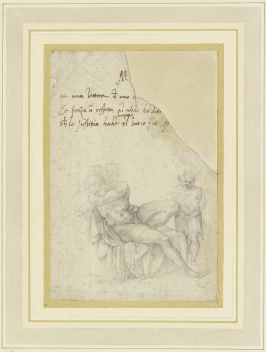 Sitzender männlicher Akt, schlafend, mit einem stehenden Kind oder Putto à Michelangelo Buonarroti