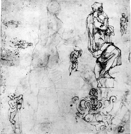 Sketches of male nudes, a madonna and child and a decorative emblem  & ink and à Michelangelo Buonarroti
