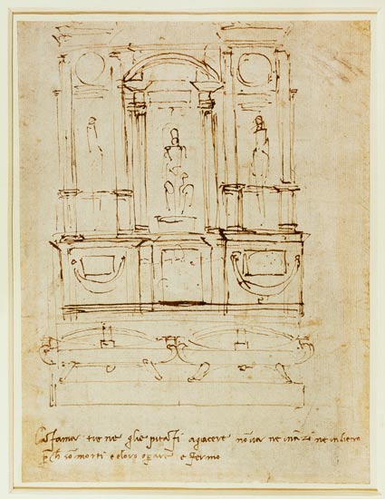 Inv.1859-6-25-543.recto (w.28) Study for the Tomb of Pope Julius II (brown ink) à Michelangelo Buonarroti