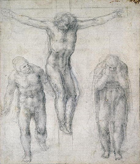 Study of a Crucified Christ and two figures, c.1560 à Michelangelo Buonarroti