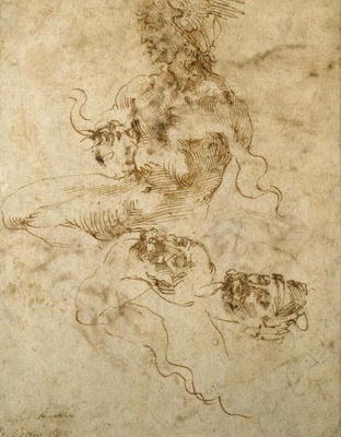 Study of a seated young Man, with head studies, c.1502 (pen & ink on paper) à Michelangelo Buonarroti