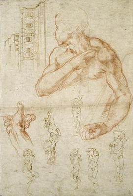 Study of the Assisting Figure of the Libyan Sibyl, c.1512 (red chalk & pen on paper) à Michelangelo Buonarroti