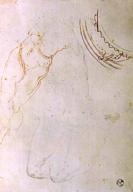 Study of a prone figure with crossed legs and a design for a lunette showing a figure mounting a sta à Michelangelo Buonarroti