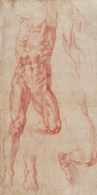W.13r Study of a male nude, stretching upwards (chalk on paper) à Michelangelo Buonarroti