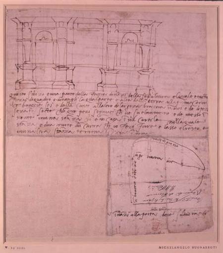 W.23r Architectural sketch with notes (pen & ink) à Michelangelo Buonarroti