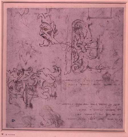 W.3v Roughly sketched designs for furniture and decorations (pen & ink) à Michelangelo Buonarroti