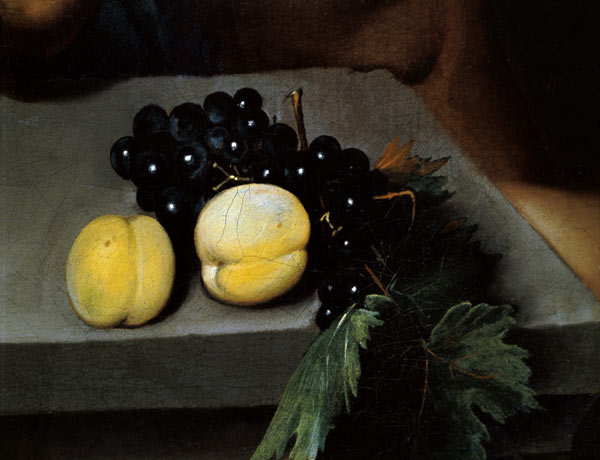The Sick Bacchus, detail of peaches and grapes à Michelangelo Caravaggio, dit le Caravage