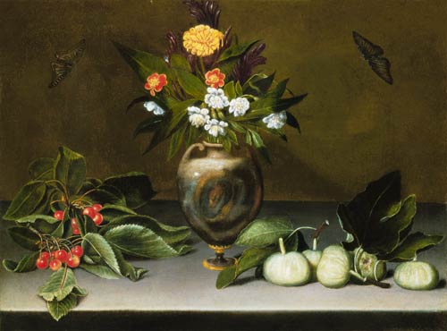 Vase avec des fleurs, cerises, figues et deux papillons à Michelangelo Caravaggio, dit le Caravage