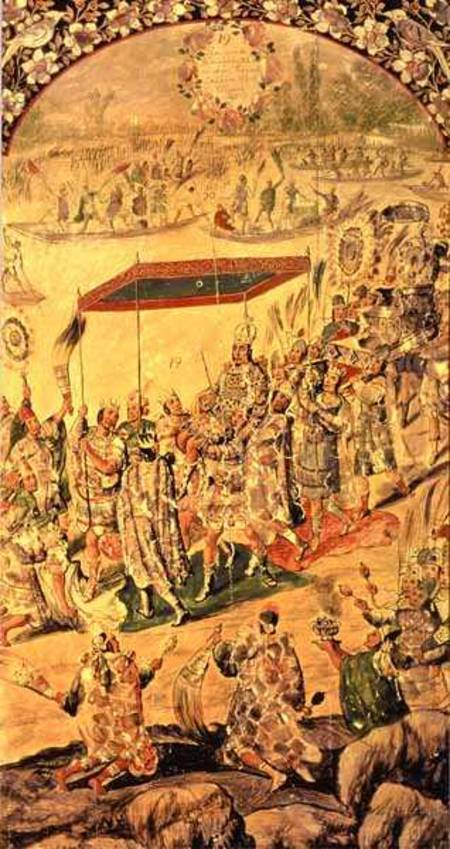 One of a pair of panels depicting the encounter between Hernando Cortes (1485-1547) and Montezuma (1 à Miguel & Juan Gonzalez