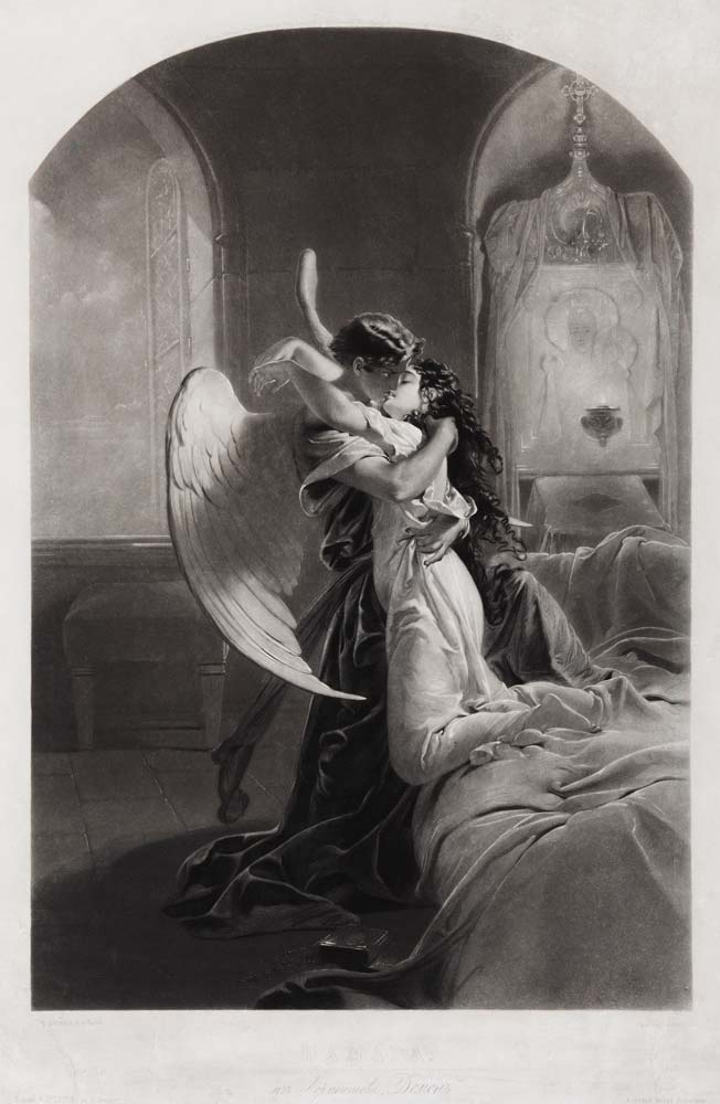 Tamara and Demon. Illustration to the poem "The Demon" by Mikhail Lermontov à Mihaly von Zichy