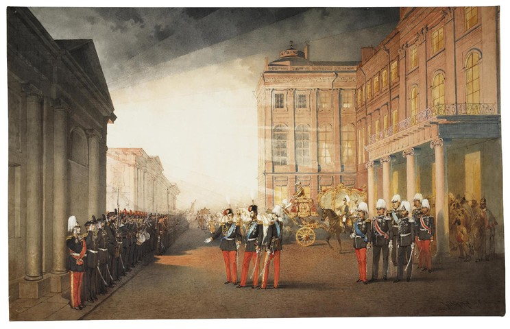 Parade in front of the Anichkov Palace in Petersburg à Mihaly von Zichy