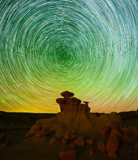 Star Trails with Green Airglow over Bisti Badlands