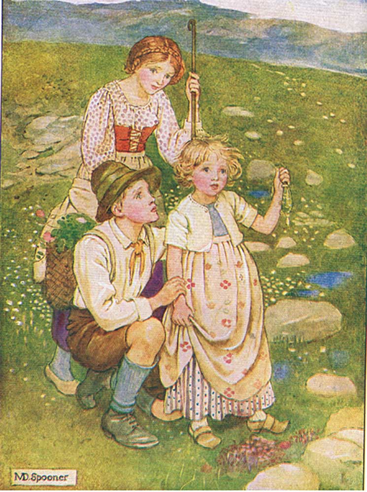 Margot was holding up what she had found (from the story Margot and the Golden Fish), illustration f à Minnie Didbin Spooner