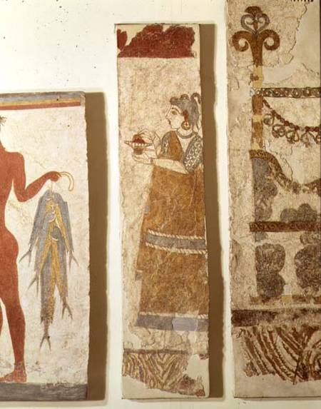Three wall painting fragments: the 'Fisherman', the 'Priestess' and an 'Ikrion', removed from the We à Minoan